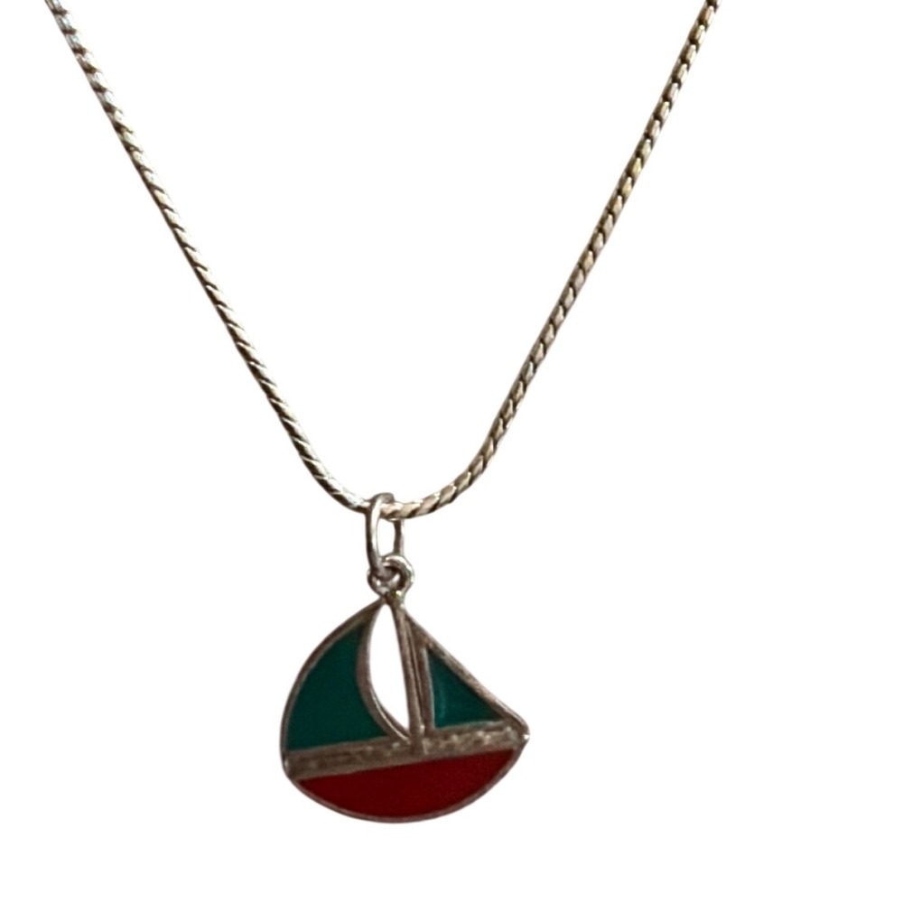 Vintage Sailboat Pendant Necklace Gold Tone Enamel Red Green Nautical Coastal